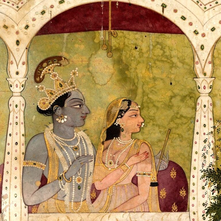 Pintura Pahari de Rādhā e Kṛṣṇa sentados juntos num balcão de palácio