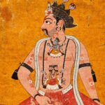 Pintura pahari c. 1700: rei sentado de pernas cruzadas em prática yóguica, com divindades no peito