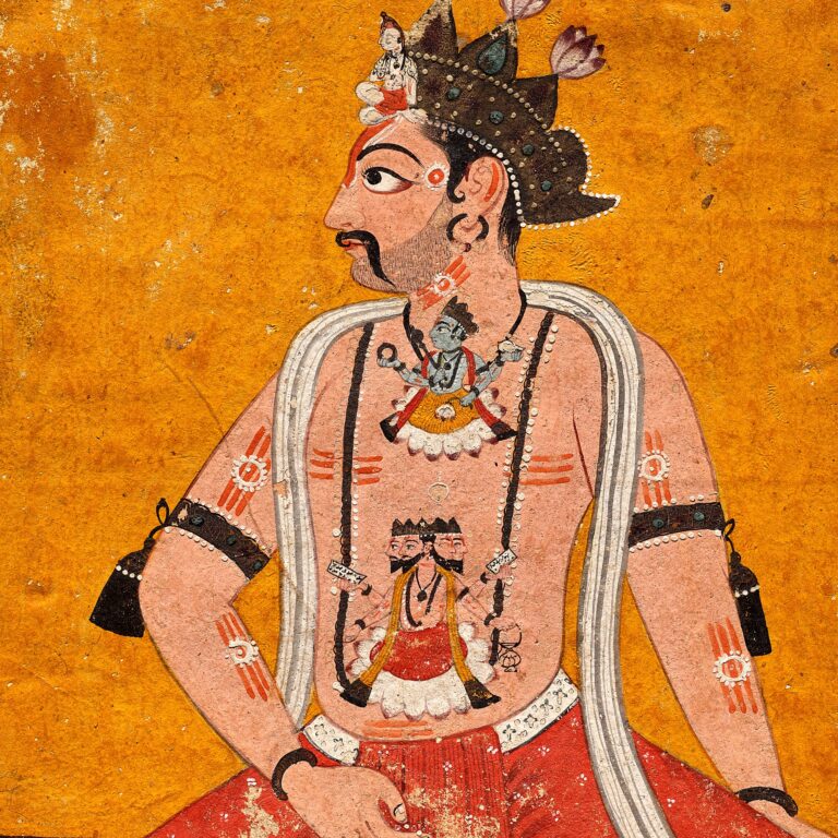 Pintura pahari c. 1700: rei sentado de pernas cruzadas em prática yóguica, com divindades no peito