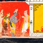 Pintura (Malwa, c. 1650): Rāma, Sītā e Lakṣmaṇa visitam o eremitério do sábio Bharadvāja