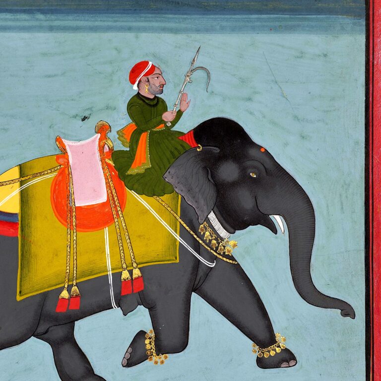 Pintura (Mewar, Rajasthan, c. 1761): Ramkali, o elefante real, com o seu cornaca