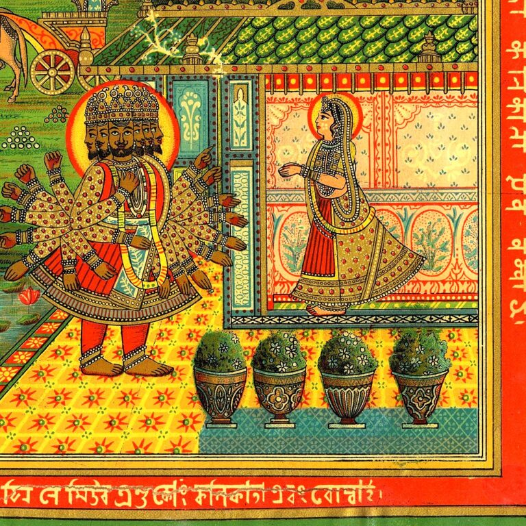 Rótulo têxtil colonial colorido com cenas do Rāmāyaṇa: Rāma persegue o cervo dourado e Rāvaṇa encontra Sītā