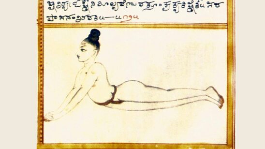Pintura do Śrī Tattvanidhi: um yogi em sarpāsana, deitado de bruços, com o tronco erguido sobre os braços estendidos.