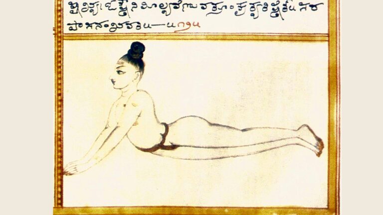 Pintura do Śrī Tattvanidhi: um yogi em sarpāsana, deitado de bruços, com o tronco erguido sobre os braços estendidos.