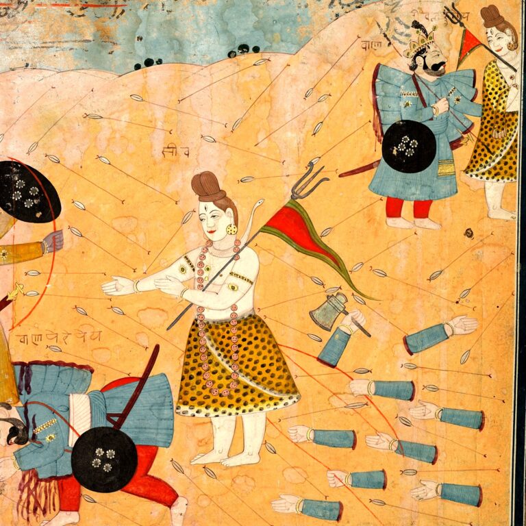 Pintura (Pahari, c. 1840): Śiva intercede pelo rei Bāṇa