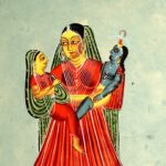 Pintura (Kalighat, Calcutá, c. 1890): Yaśodā com Kṛṣṇa e Rādhā