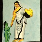 Pintura (Kalighat, Calcutá, c. 1890): Yaśodā leva o menino Kṛṣṇa a passear