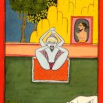 Miniatura da Jogapradīpikā (c. 1830): Yogi com as mãos sobre a cabeça diante das rochas