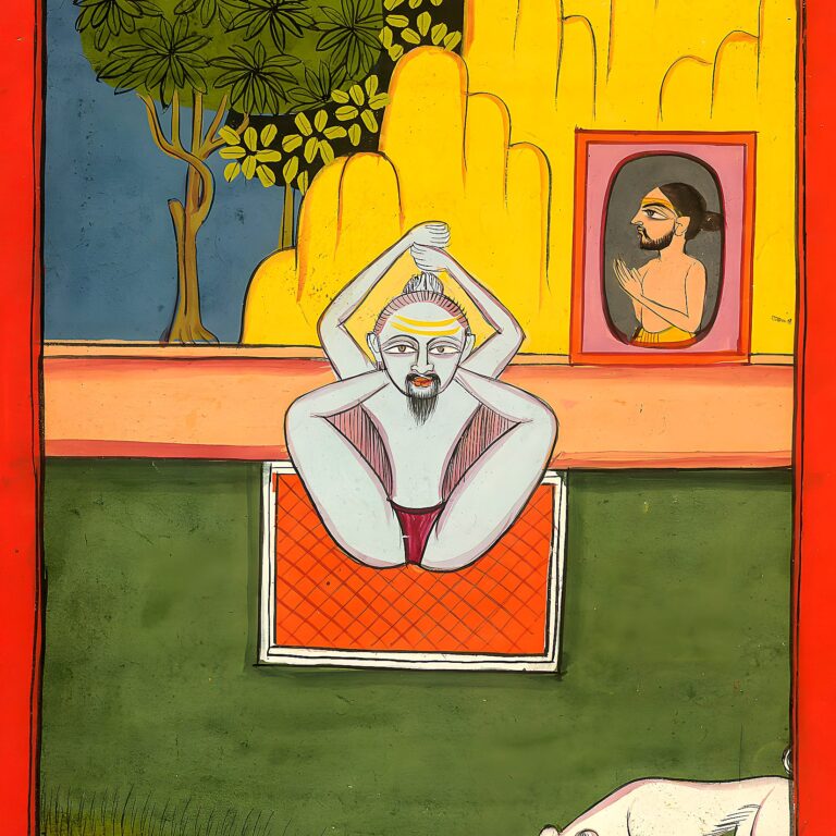 Miniatura da Jogapradīpikā (c. 1830): Yogi com as mãos sobre a cabeça diante das rochas