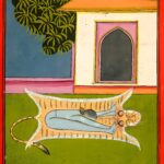 Miniatura da Jogapradīpikā (c. 1830): Yogi deitado diante de um templo