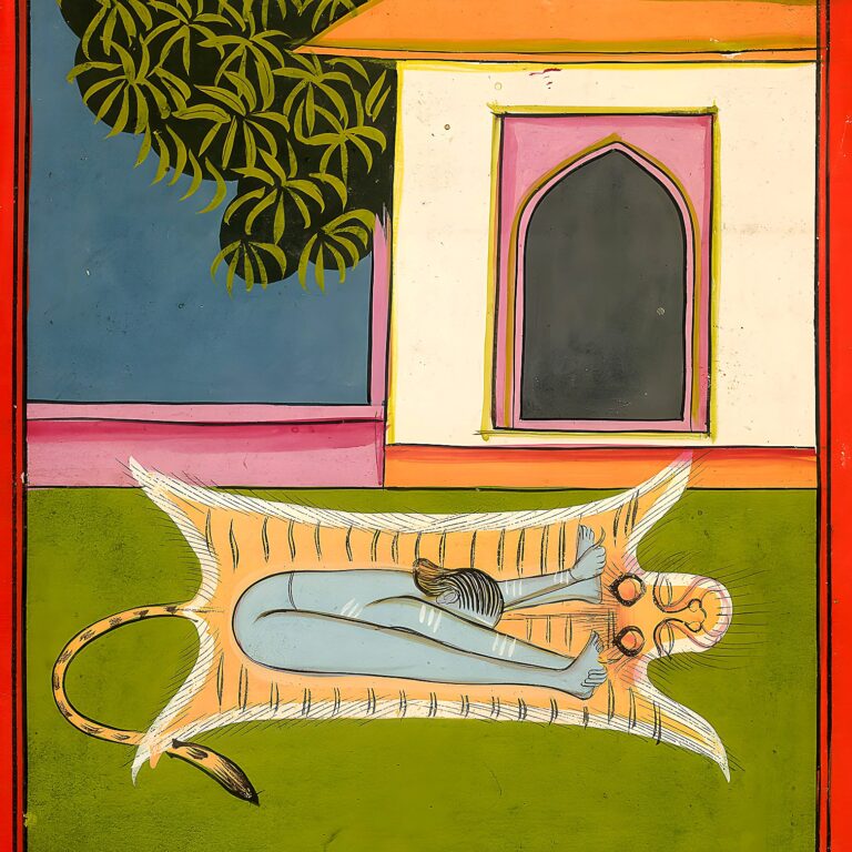 Miniatura da Jogapradīpikā (c. 1830): Yogi deitado diante de um templo