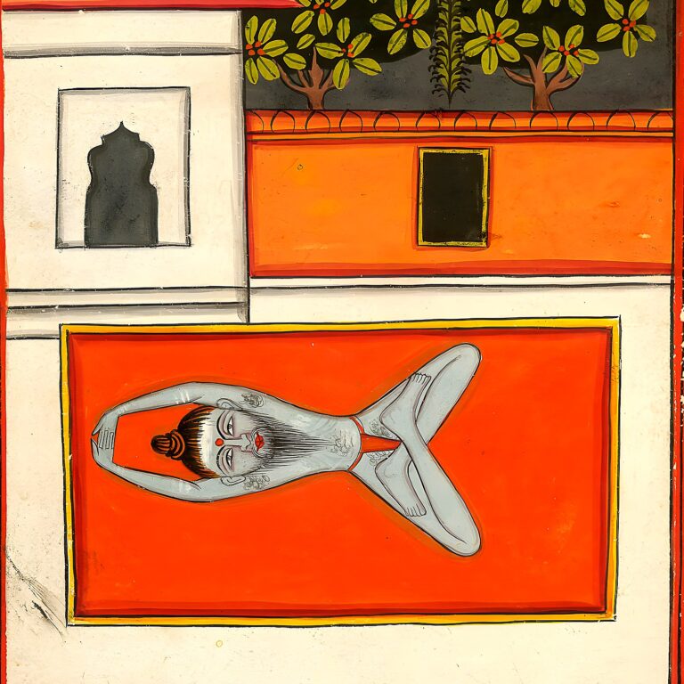 Miniatura da Jogapradīpikā (c. 1830): yogi deitado em postura do peixe