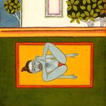 Miniatura da Jogapradīpikā (c. 1830): yogi deitado em repouso junto à casa