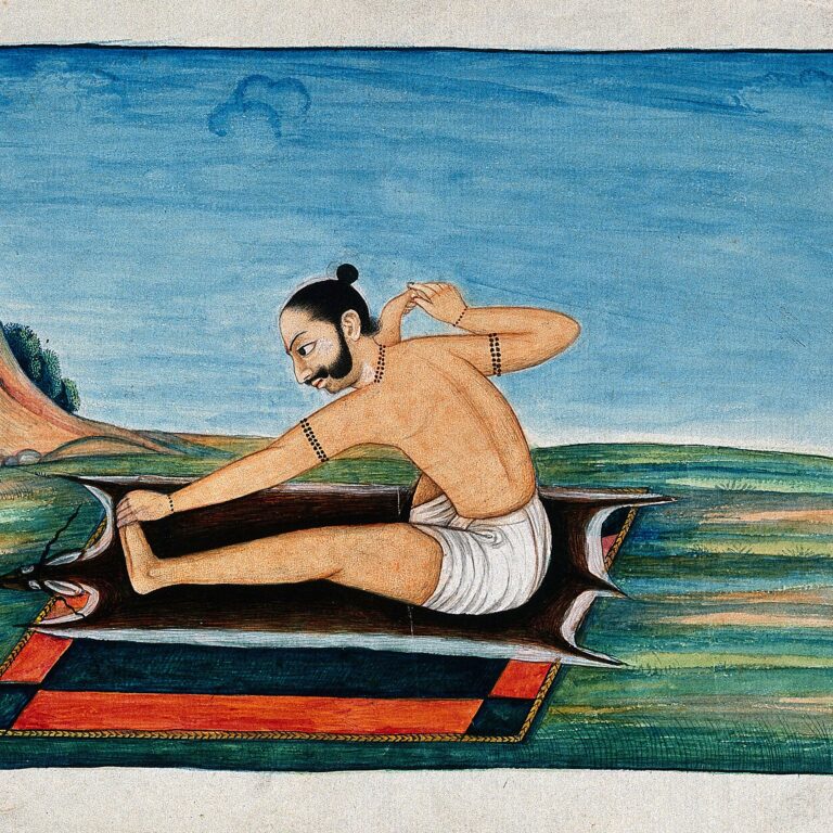 Pintura indiana do séc. XIX: homem em dhanurāsana, a postura do arco, sobre pele de antílope ao ar livre