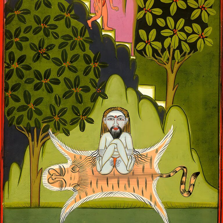 Miniatura da Jogapradīpikā (c. 1830): yogi em meditação diante das colinas