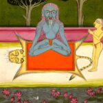 Miniatura da Jogapradīpikā (c. 1830): yogi em padmāsana, com um assistente