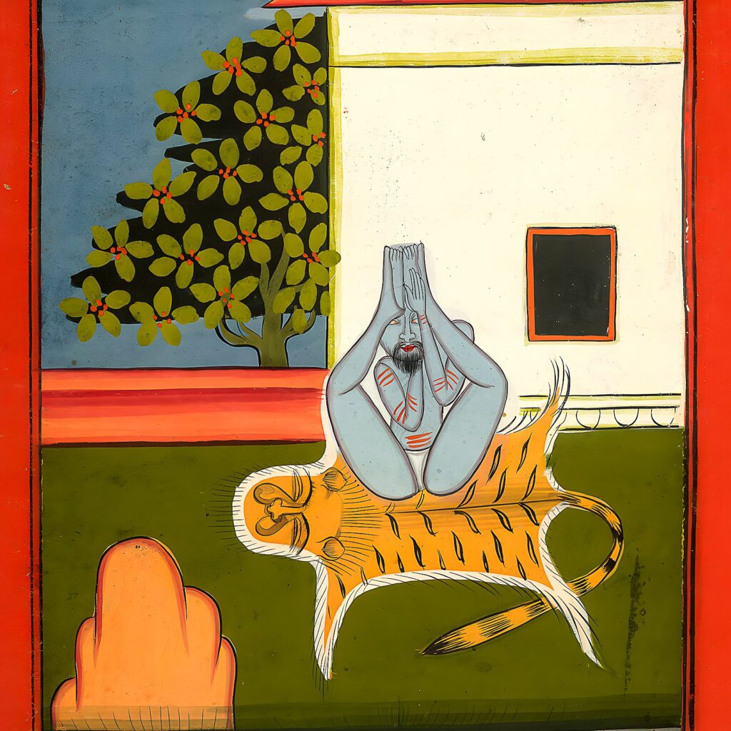 Miniatura da Jogapradīpikā (c. 1830): Yogi em postura com os braços erguidos, junto ao fogo