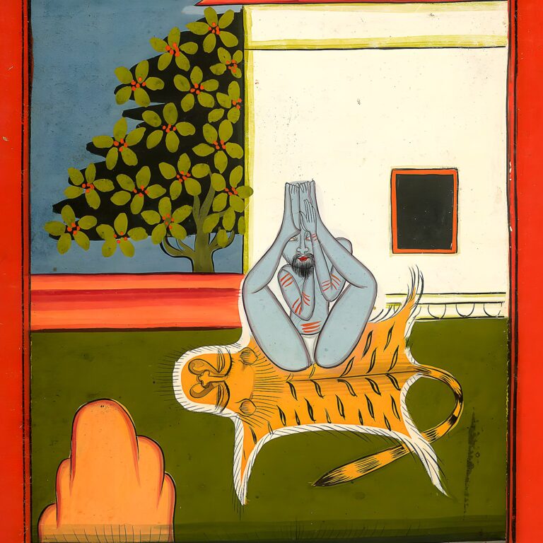 Miniatura da Jogapradīpikā (c. 1830): Yogi em postura com os braços erguidos, junto ao fogo