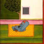 Miniatura da Jogapradīpikā (c. 1830): Yogi em postura deitada diante da casa