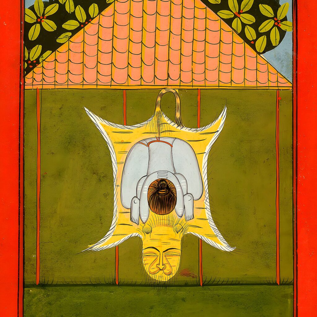 Miniatura da Jogapradīpikā (c. 1830): Yogi em postura invertida sob o pavilhão