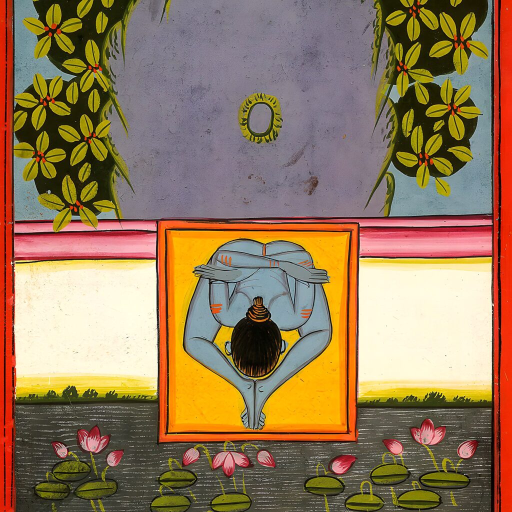 Miniatura da Jogapradīpikā (c. 1830): Yogi em postura junto ao lago