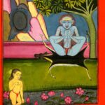 Miniatura da Jogapradīpikā (c. 1830): Yogi em postura sentada, com um jovem discípulo