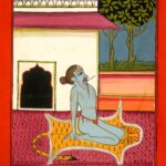 Miniatura da Jogapradīpikā (c. 1830): Yogi em postura sentada diante de um templo