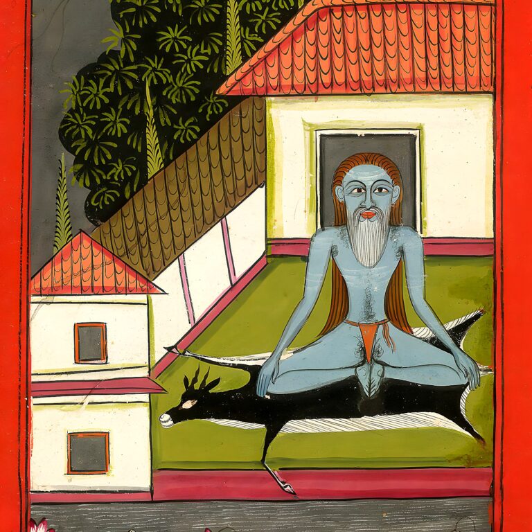 Miniatura da Jogapradīpikā (c. 1830): Yogi em postura sentada junto à casa