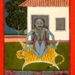 Miniatura da Jogapradīpikā (c. 1830): Yogi em postura sentada junto à casa, com as mãos nos joelhos
