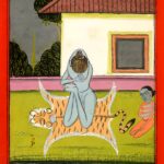 Miniatura da Jogapradīpikā (c. 1830): Yogi em postura sentada sobre a pele de tigre, com um assistente