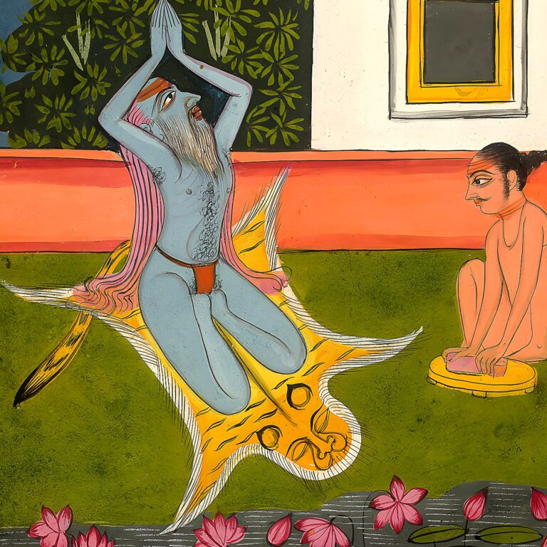 Miniatura da Jogapradīpikā (c. 1830): yogi em sūryāsana, com um discípulo