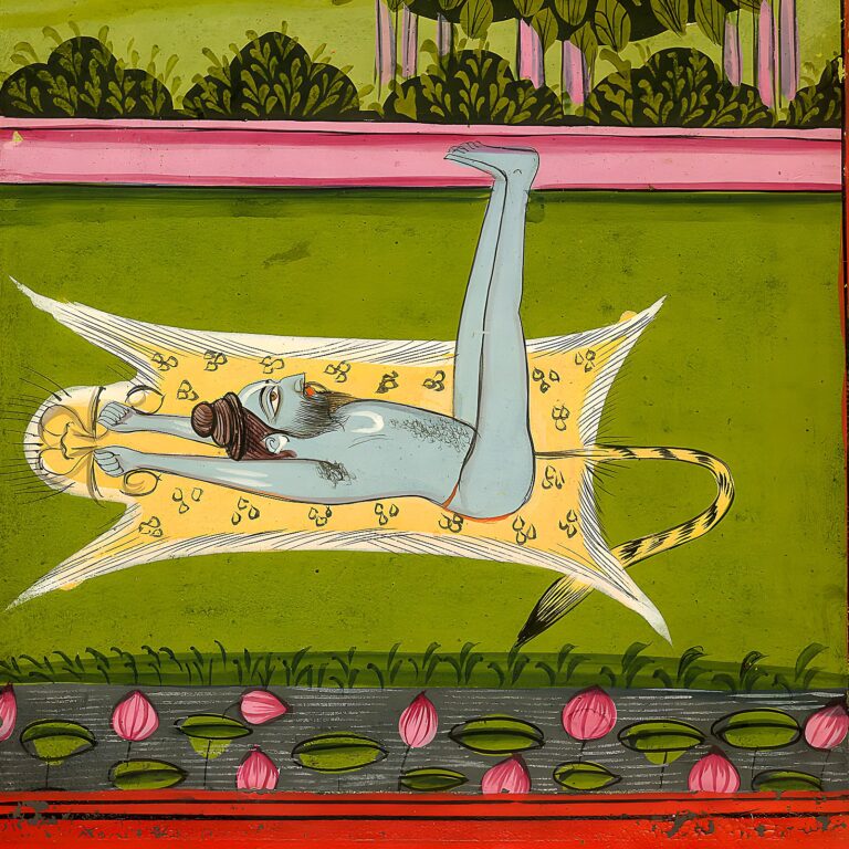 Miniatura da Jogapradīpikā (c. 1830): yogi em vṛścikāsana, a postura do escorpião