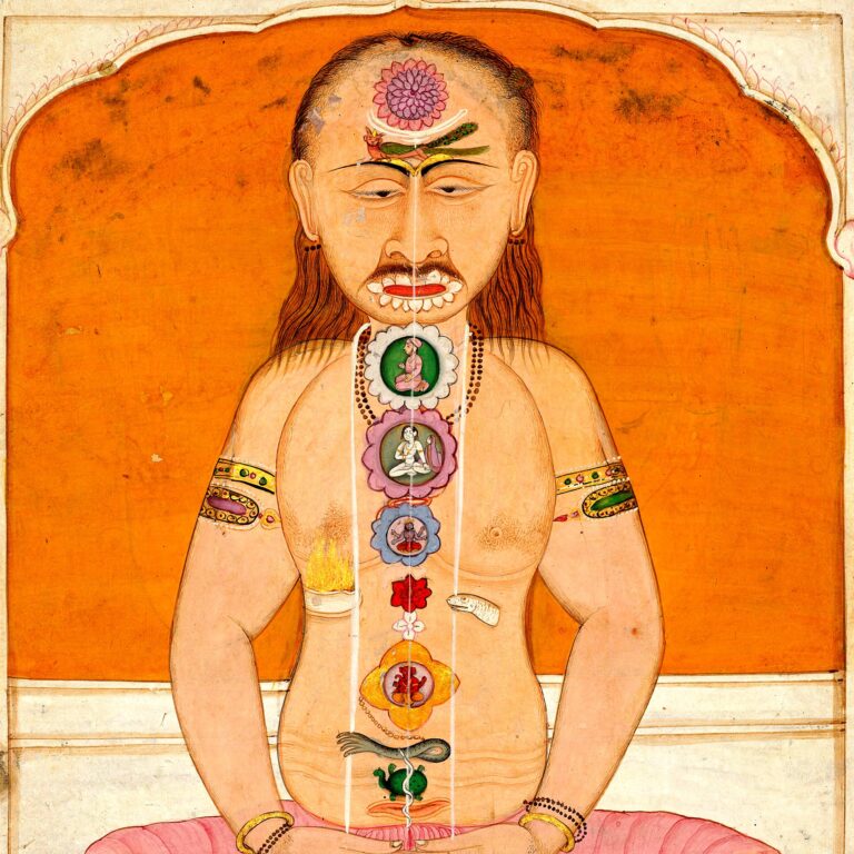 Pintura indiana de um yogi sentado de pernas cruzadas, com os cakras e a kuṇḍalinī ao longo da coluna