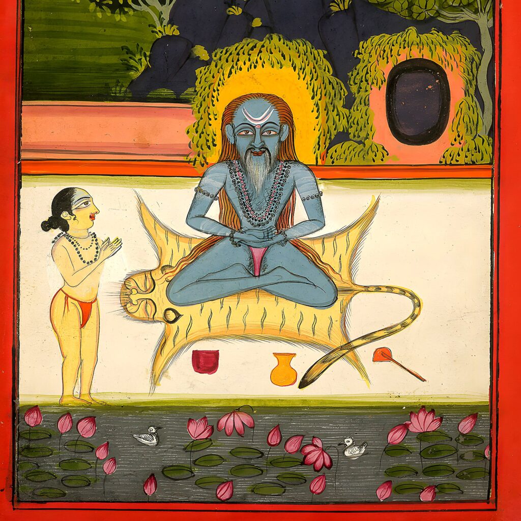 Miniatura da Jogapradīpikā (c. 1830): yogi sentado com um discípulo