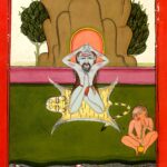 Miniatura da Jogapradīpikā (c. 1830): Yogi sentado diante das rochas, com as mãos atrás da cabeça