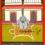 Miniatura da Jogapradīpikā (c. 1830): Yogi sentado diante de dois templos