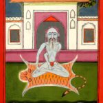 Miniatura da Jogapradīpikā (c. 1830): Yogi sentado diante de um pavilhão