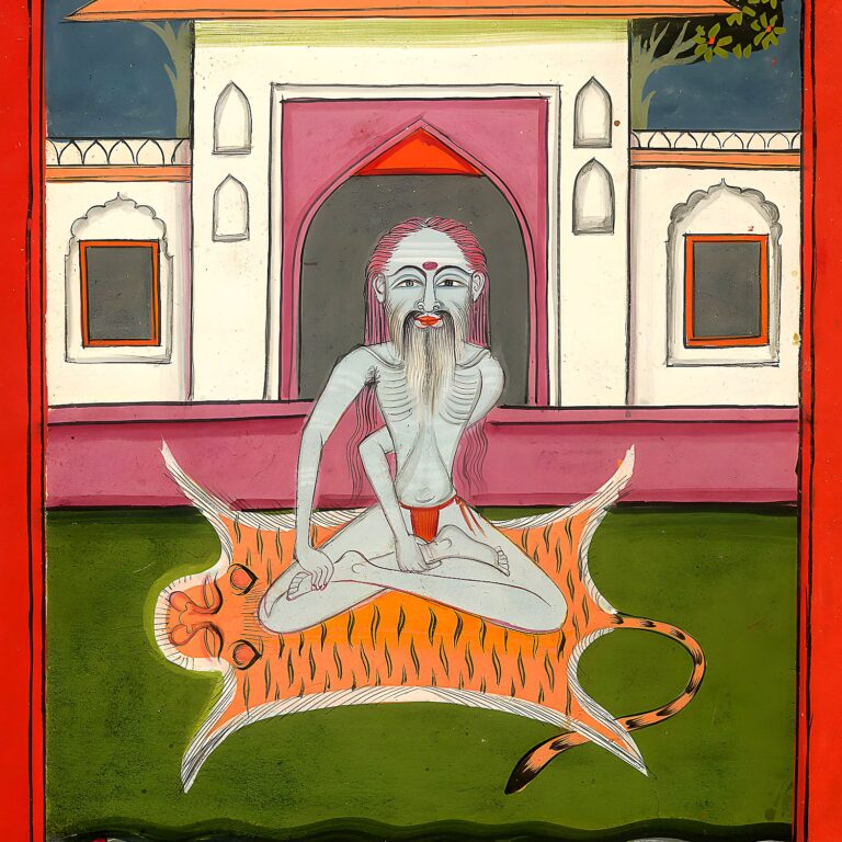 Miniatura da Jogapradīpikā (c. 1830): Yogi sentado diante de um pavilhão