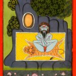 Miniatura da Jogapradīpikā (c. 1830): Yogi sentado diante de uma gruta