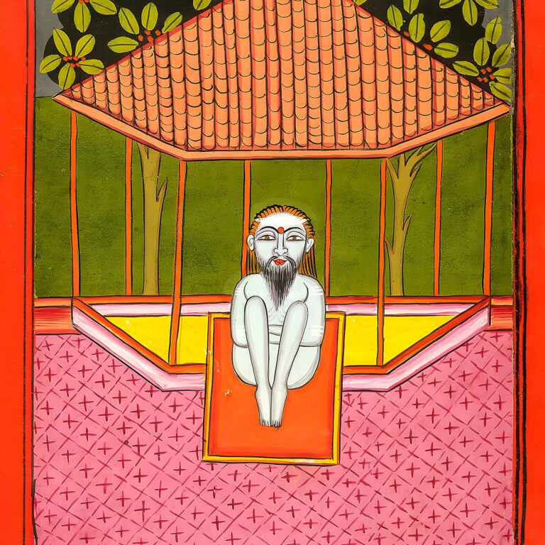 Miniatura da Jogapradīpikā (c. 1830): Yogi sentado num pavilhão