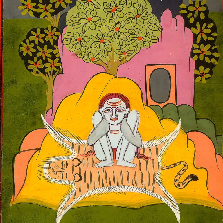 Miniatura da Jogapradīpikā (c. 1830): yogi sentado num trono de lótus