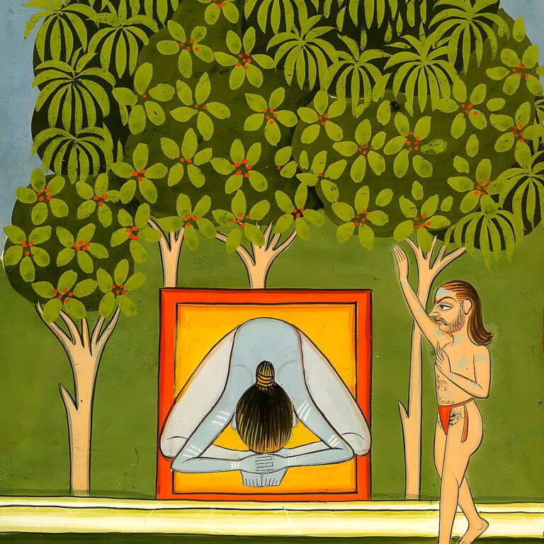 Miniatura da Jogapradīpikā (c. 1830): yogi sentado numa gruta