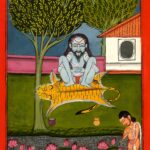 Miniatura da Jogapradīpikā (c. 1830): Yogi sentado sob a árvore, com um discípulo junto à água