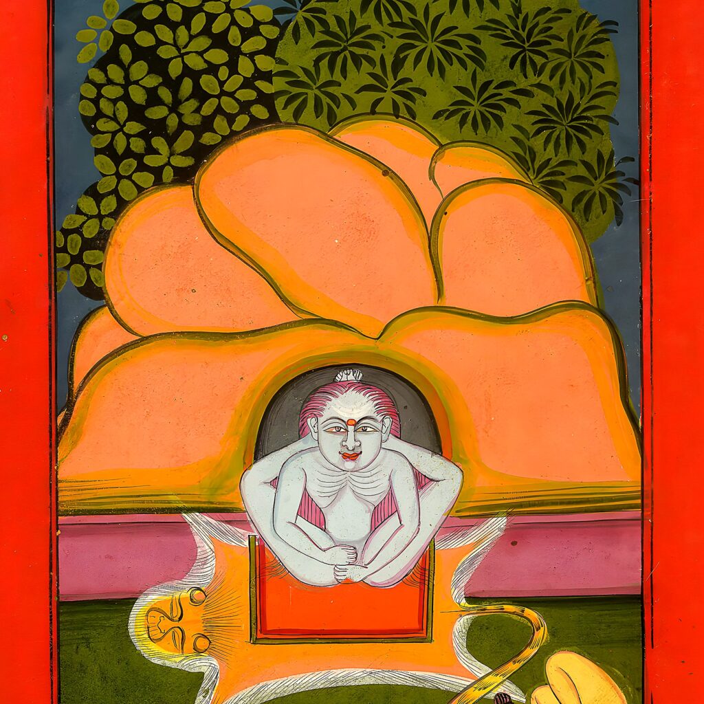 Miniatura da Jogapradīpikā (c. 1830): yogi sentado sob um dossel