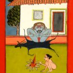 Miniatura da Jogapradīpikā (c. 1830): Yogi sentado sobre a pele de búfalo, com um discípulo junto ao fogo