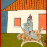Miniatura da Jogapradīpikā (c. 1830): yogi sentado sobre a pele de tigre diante da casa